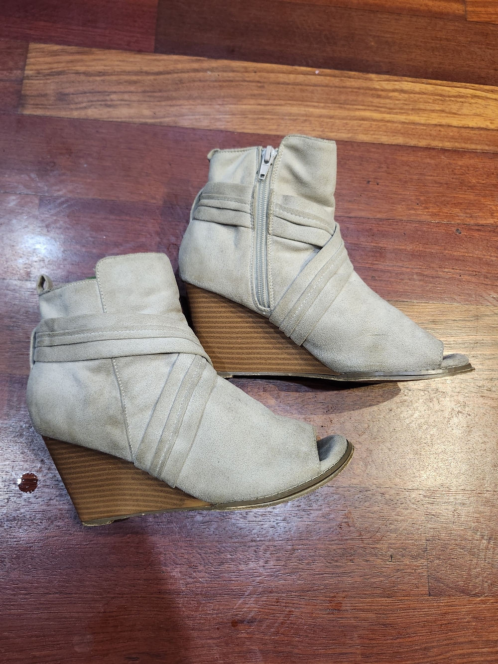 Journee Collection Sabeena Wedge Booties in a grey or taupe faux-suede finish